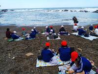 海をバックに美味しい昼食です。おうちの方に感謝です。